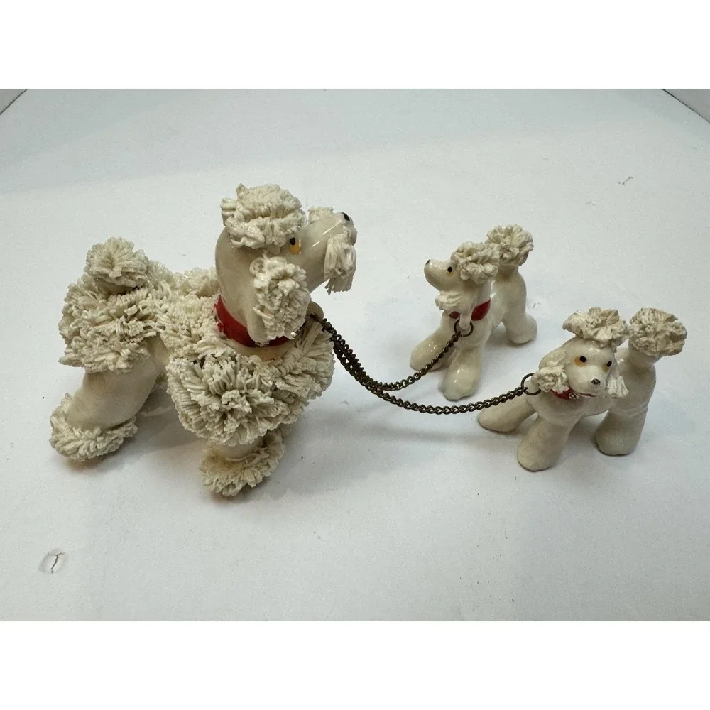 Vintage MCM Saghetti Poodle Dog Family Figurine Set with Chain Leash, Japan‎